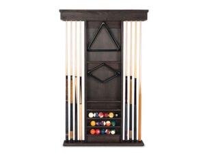 Cue Rack with cues and billiard balls