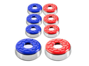 Blue and red Shuffleboard pucks